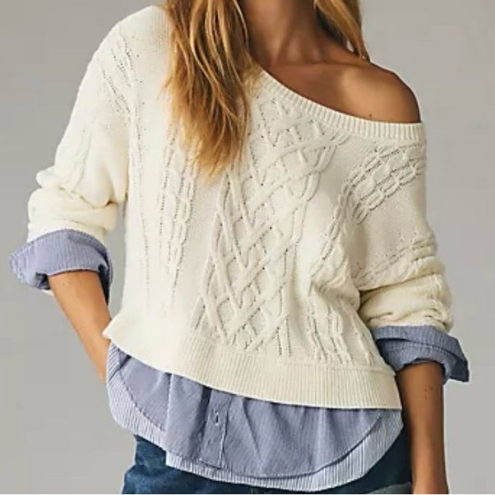 Anthropologie Cream Cable Knit Sweater with Blue Layer
